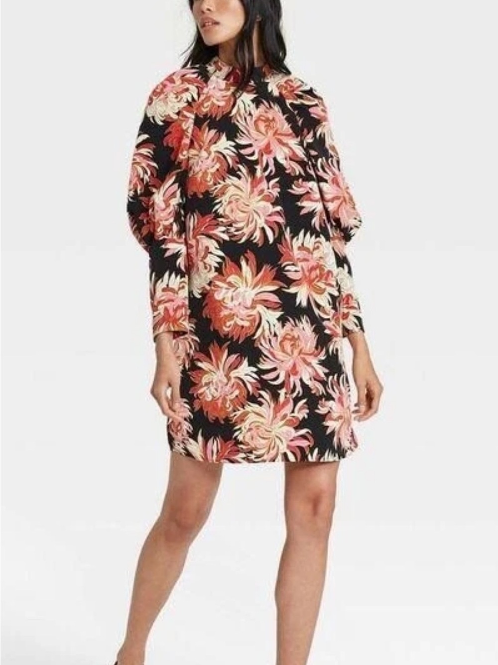 Floral Whowhatwear Puff-Sleeve Shift Dress in Black and Pink XS